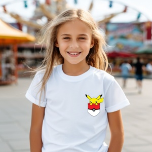 Tricou personalizat pentru copii din bumbac 100% cu Pikachu în buzunar - Tricou tematic Pokemon, Cadou pentru fani Pikachu - Img 3
