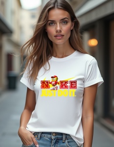 Tricou alb purtat de o femeie, având pe partea frontală un design vibrant. Designul include logo-ul 'Nike' în nuanțe de roșu și galben, cu sloganul 'Just Do It' scris cu litere galbene îndrăznețe. Deasupra logo-ului apare un personaj animat colorat în roș