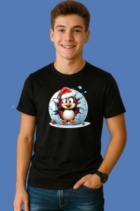 Tricou Pinguin Cu Fundal Alb Si Caciula Mosului Craciun, din bumbac 100% Copii | Dama | Barbat