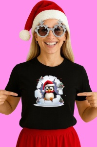 Tricou Pinguin Cu Fundal Albastru Si Decor De Iarna Craciun, din bumbac 100% Copii | Dama | Barbat - Img 3