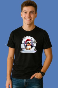 Tricou Pinguin Cu Fundal Albastru Si Decor De Iarna Craciun, din bumbac 100% Copii | Dama | Barbat