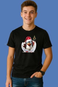 Tricou Pinguin Cu Fundal Gri Si Privire Haioasa Craciun, din bumbac 100% Copii | Dama | Barbat