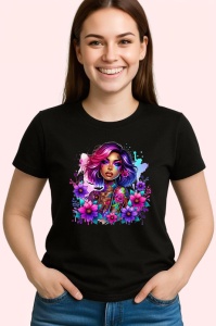 Tricou Pink hair tattoo girl floral power, fata cu par roz si putere florala, Copii | Dama | Barbat , tricou negru - Img 3