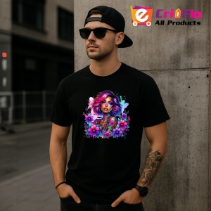 Tricou Pink hair tattoo girl floral power, fata cu par roz si putere florala, Copii | Dama | Barbat , tricou negru - Img 11