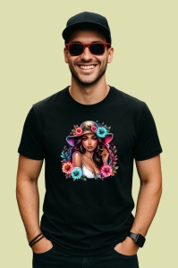 Tricou Pink hat floral lady, doamna cu palarie roz si flori, Copii | Dama | Barbat , tricou negru - Img 4