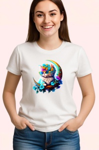 Tricou Pisica alba cu flori albastre si ochelari fundal alb Copii | Dama | Barbat - Img 3