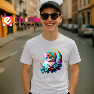 Tricou Pisica alba cu flori albastre si ochelari fundal alb Copii | Dama | Barbat - Img 6