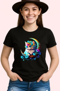 Tricou Pisica alba cu flori albastre si ochelari fundal alb Copii | Dama | Barbat, culoare negru - Img 3