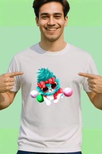 Tricou Pisica alba cu fundal albastru si fundita rosie Copii | Dama | Barbat - Img 2