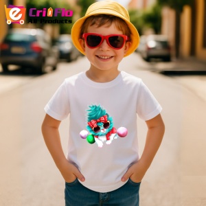 Tricou Pisica alba cu fundal albastru si fundita rosie Copii | Dama | Barbat - Img 10
