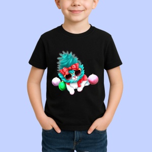 Tricou Pisica alba cu fundal albastru si fundita rosie Copii | Dama | Barbat, culoare negru - Img 4