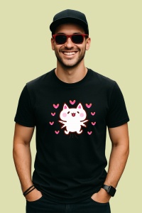 Tricou Pisica Alba Fericita Inimioare, din bumbac 100%, tricou negru, Dama | Barbat