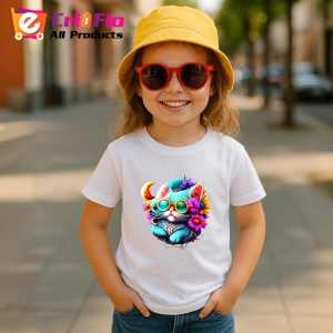 Tricou Pisica alba pe luna cu flori albastre fundal deschis Copii | Dama | Barbat - Img 11