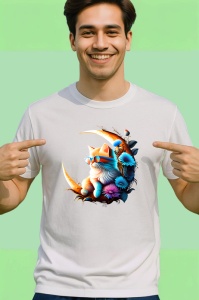 Tricou Pisica alba portocalie pe luna si flori albastre Copii | Dama | Barbat - Img 2