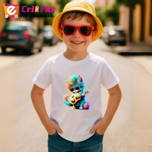 Tricou Pisica albastra cu chitara galbena si ochelari mari Copii | Dama | Barbat