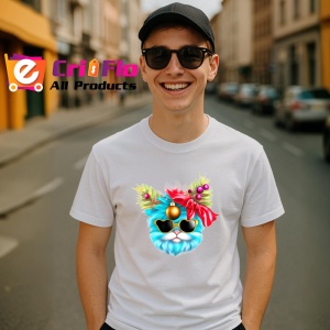 Tricou Pisica albastra cu fundita si globuri roz Copii | Dama | Barbat - Img 5