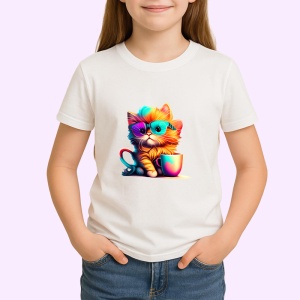 Tricou Pisica colorata cu ochelari si cana portocalie Copii | Dama | Barbat - Img 3
