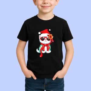 Tricou Pisica Craciun cu baston rosu si esarfa cu buline Copii | Dama | Barbat, culoare negru - Img 3