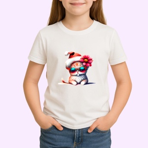 Tricou Pisica Craciun cu floare rosie si caciula fundal negru Copii | Dama | Barbat - Img 3