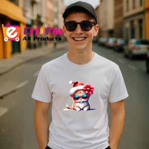 Tricou Pisica Craciun cu floare rosie si caciula fundal negru Copii | Dama | Barbat - Img 5