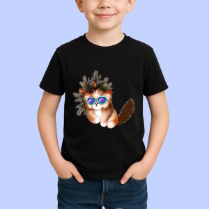 Tricou Pisica Craciun cu ochelari si coada pufoasa Copii | Dama | Barbat, culoare negru - Img 4