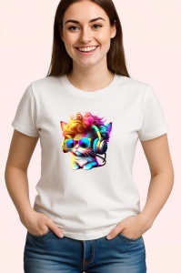 Tricou Pisica cu bucle aurii si casti pop art Copii | Dama | Barbat - Img 3