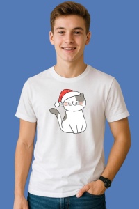 Tricou Pisica Cu Caciula Rosie 2, din bumbac 100%, tricou alb, Copii | Dama | Barbat