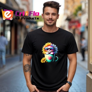 Tricou Pisica cu cana de cafea si ochelari albastri Copii | Dama | Barbat, culoare negru - Img 6