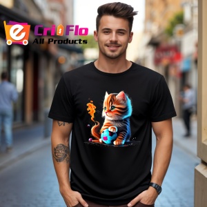 Tricou Pisica cu coada in flacari si minge albastra Copii | Dama | Barbat, culoare negru - Img 5