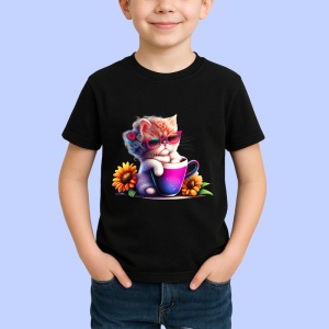 Tricou Pisica cu floare in par si cana violet cu floarea soarelui Copii | Dama | Barbat, culoare negru - Img 4