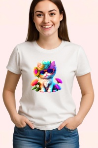 Tricou Pisica cu flori si ochelari mari fundal negru Copii | Dama | Barbat - Img 3