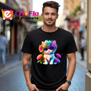 Tricou Pisica cu flori si ochelari mari fundal negru Copii | Dama | Barbat, culoare negru - Img 5