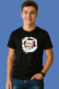 Tricou Pisica Cu Fundal Albastru Craciun, din bumbac 100% Copii | Dama | Barbat - Img 2