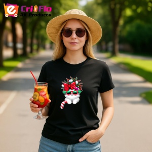 Tricou Pisica cu fundal brad si fundita mare rosie Copii | Dama | Barbat, culoare negru - Img 8