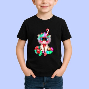 Tricou Pisica cu fundita si bombonele colorate Copii | Dama | Barbat, culoare negru - Img 4
