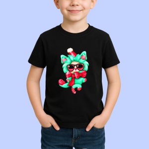 Tricou Pisica cu fundita verde si baston de zahar rosu Copii | Dama | Barbat, culoare negru - Img 4