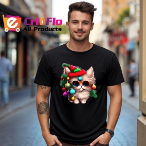 Tricou Pisica cu ochelari globuri si caciula Craciun Copii | Dama | Barbat, culoare negru - Img 6