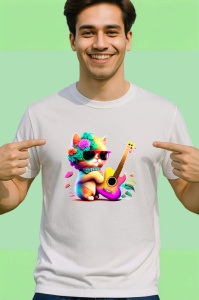 Tricou Pisica cu ochelari si chitara mov fundal alb Copii | Dama | Barbat - Img 2