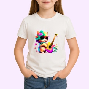Tricou Pisica cu ochelari si chitara mov fundal alb Copii | Dama | Barbat - Img 4