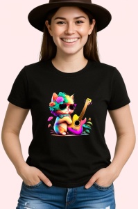Tricou Pisica cu ochelari si chitara mov fundal alb Copii | Dama | Barbat, culoare negru - Img 3