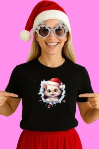 Tricou Pisica Cu Ochii Verzi Craciun, din bumbac 100% Copii | Dama | Barbat - Img 2