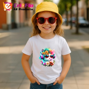 Tricou Pisica curcubeu cu casti si flori galbene fundal alb Copii | Dama | Barbat - Img 11
