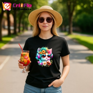 Tricou Pisica curcubeu cu casti si flori galbene fundal alb Copii | Dama | Barbat, culoare negru - Img 8