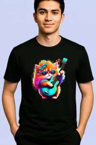 Tricou Pisica curcubeu cu chitara electrica si flori albastre Copii | Dama | Barbat, culoare negru - Img 2