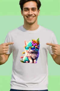 Tricou Pisica curcubeu cu floare galbena si fundal alb Copii | Dama | Barbat - Img 2