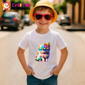 Tricou Pisica curcubeu cu floare galbena si fundal alb Copii | Dama | Barbat - Img 11