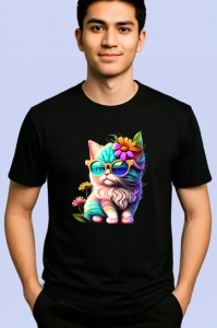 Tricou Pisica curcubeu cu floare galbena si fundal alb Copii | Dama | Barbat, culoare negru - Img 2