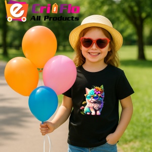 Tricou Pisica curcubeu cu floare galbena si fundal alb Copii | Dama | Barbat, culoare negru - Img 10