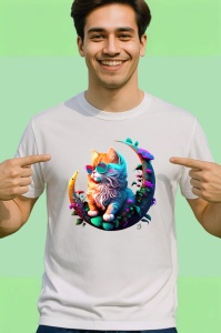 Tricou Pisica curcubeu cu flori albastre pe luna aurie Copii | Dama | Barbat - Img 2
