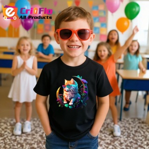 Tricou Pisica curcubeu cu flori albastre pe luna aurie Copii | Dama | Barbat, culoare negru - Img 11